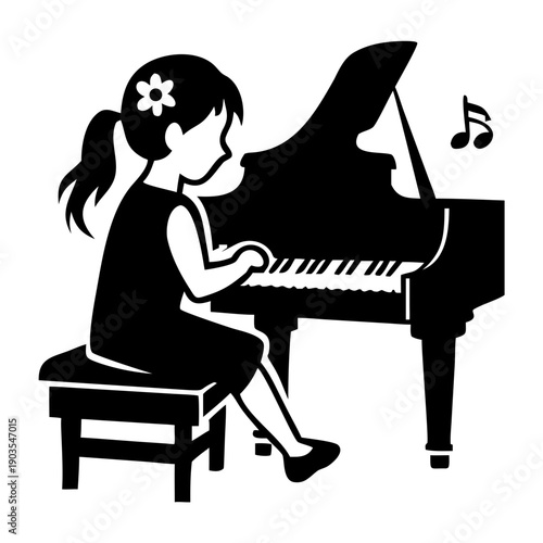 girl pianist playing piano keys silhouette icon illustration for music, performance, and creative design use