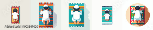 vector of a little Muslim boy praying with a prostrate gesture top view