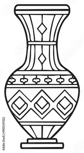 Decorated Vase Illustration, Hand Drawn Art, Ornamental Pottery Vessel, Isolated Line Art