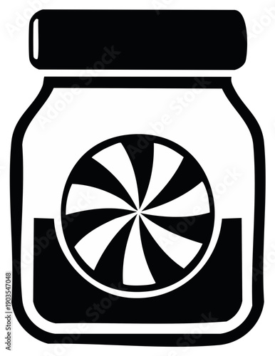 Glass jar with lid filled with liquid and a black and white swirling pattern