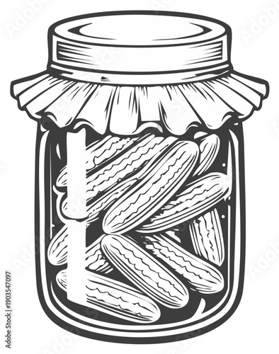 Classic black and white illustration of pickled cucumbers preserved in a glass jar with a fabric cover