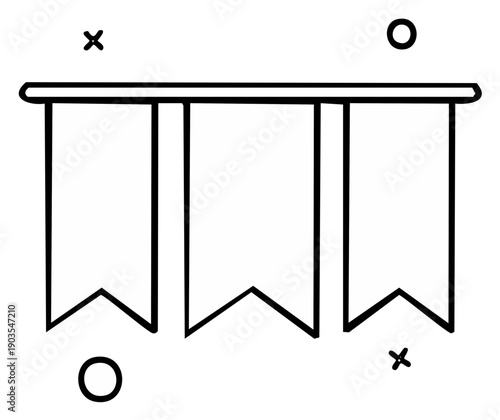 Minimalist line drawing of festive triangular flags suspended on a simple line with decorative circles and crosses