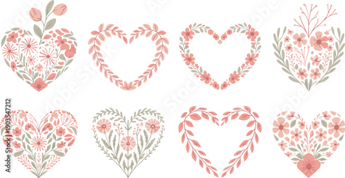 Floral heart illustration set, romantic botanical design pack, Valentine love artwork, wedding decoration graphic, nature-inspired vector, pink red green motif