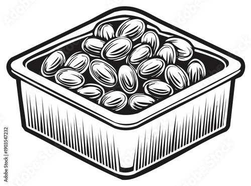 Square plastic container filled with jelly beans viewed from above in a simple illustration style