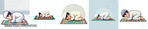 vector of a little Muslim boy praying with a prostrate gesture side view