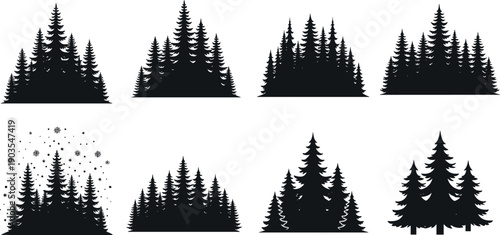 Black pine forest silhouette collection featuring evergreen trees, nature woodland shapes, winter landscape elements, minimal flat design for logos, prints, posters, branding