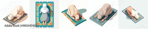 vector of a Muslim woman praying with a prostrate gesture top view