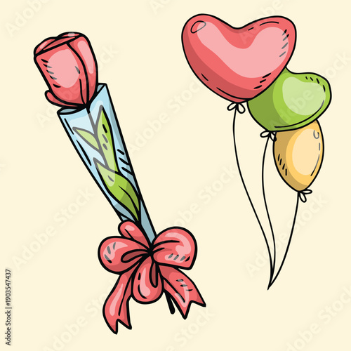 Hand-drawn illustration of a single red rose bouquet and a bunch of colorful heart-shaped balloons, symbolizing love and celebration.