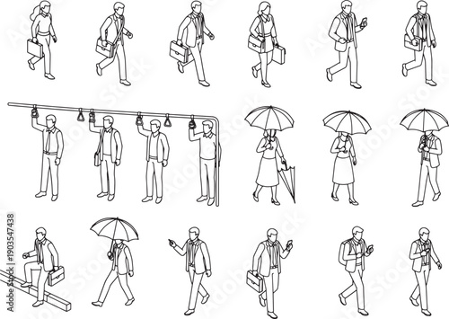 Diverse collection of line art illustrations, featuring individuals engaged in a variety of activities against a pristine background. Designed to evoke feelings of daily routine, motion and transport.