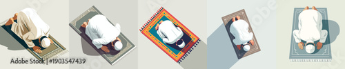 vector of a Muslim man praying with a prostrate gesture top view