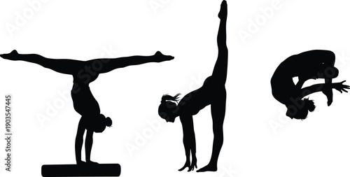 Professional gymnastics silhouette set featuring female athletes performing handstands balance beam routines and rhythmic floor exercises isolated on white background for sports design projects.