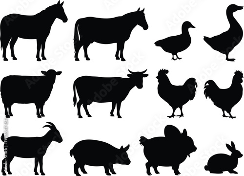 Black silhouettes of various farm animals on white background