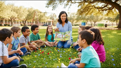 Teacher reading to children outdoors during daytime story time activity