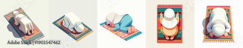 vector of a little Muslim woman praying with a prostrate gesture top view