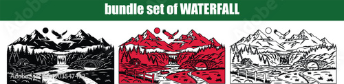 Silhouette, line art, outline, dot, dotted Bundle set of mountain landscape scenes featuring waterfalls rivers bridges and flying eagles in various artistic styles