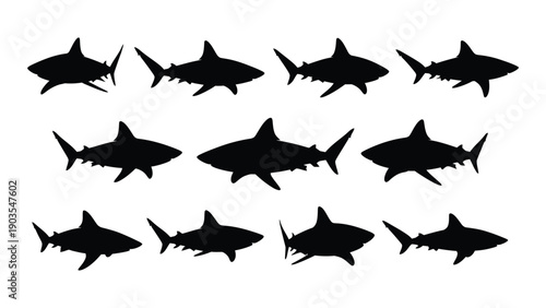 A group of twelve black silhouette sharks swimming in a grid pattern Vector