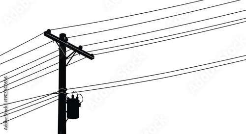 Silhouette of electrical utility pole with power lines, black and white vector illustration, isolated on white background, urban infrastructure design