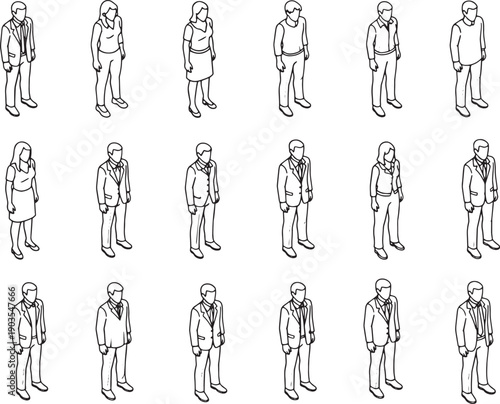 A collection of diverse isometric figures in black and white illustration, perfect for architectural visualization or graphic design.