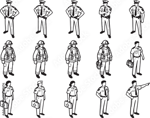 A collection of various emergency service personnel in monochrome poses, with attention to detail and realism.
