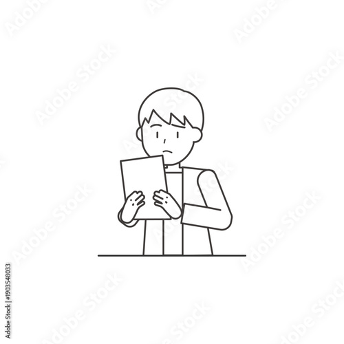 書類を見て困った表情を浮かべる男性の線画イラスト