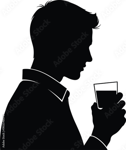 Black silhouette of a man holding a glass of water and drinking isolated on a white background for health hydration and lifestyle concepts
