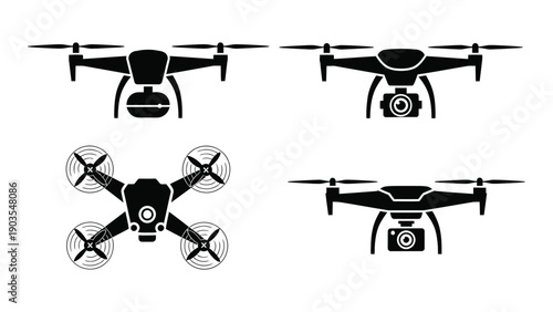 Four different types of drones with various equipment and configurations. Vector