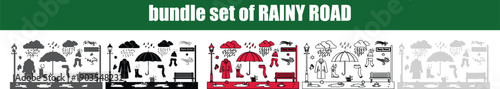 Silhouette, line art, outline, dot, dotted Collection of diverse weatherrelated icons for a rainy street scene during autumn and winter seasons
