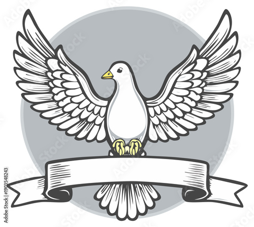 Elegant white dove with open wings perched above a blank banner in a circular emblem