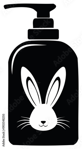 Black dispenser bottle with bunny, rabbit ears, and stylized face for soap or lotion for kids.