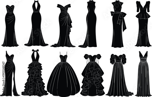Formal dress silhouette set, evening gown icon collection, fashion design illustration pack, elegant clothing artwork, black and white vector