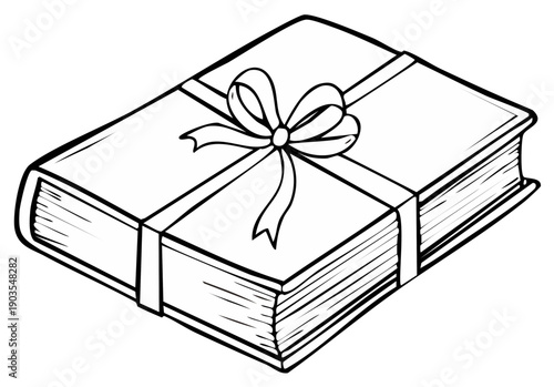 Illustration of a gift wrapped book tied with a ribbon in black and white, a present in simple style for any occasion