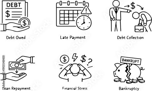 Linear icons representing debts, loans, and financial stress.