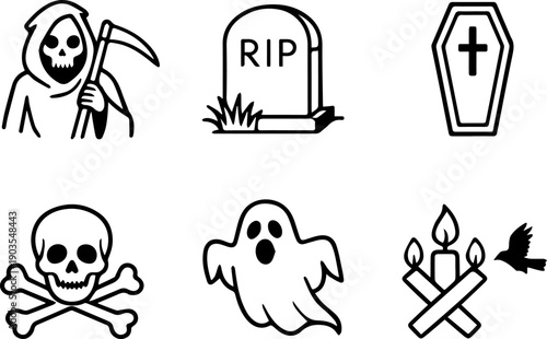 Line icons related to death and fear.
