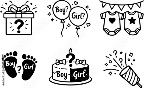 Icons for gender reveal party celebration event.
