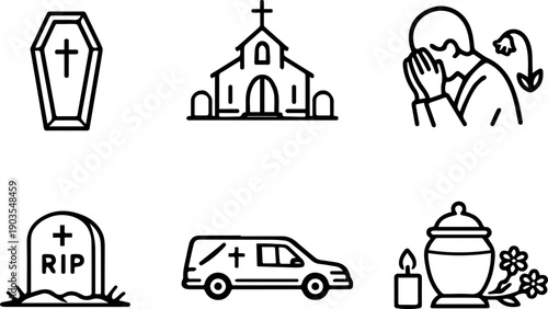 Line icons showing funeral and mourning themes.
