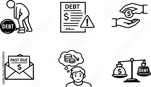 Line icons showing debt and money problems.
