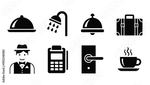 Icons representing various services and amenities in a hotel setting Vector