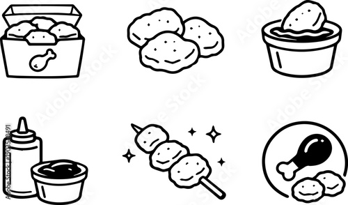Line icons of nuggets and fast food.
