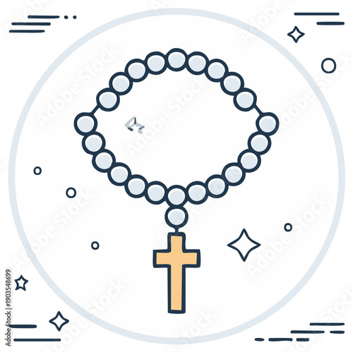 Icon of a rosary with a cross, religious symbol, surrounded by design elements