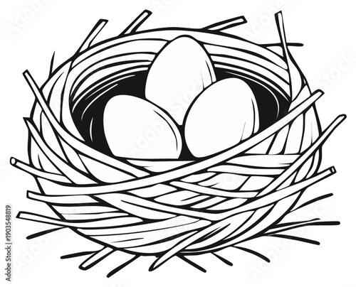 Simple Outline Drawing of a Bird's Nest with Three Eggs