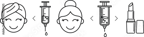 Cosmetic treatment comparison icons showing woman face syringe injections and skincare product steps minimal vector illustration outline
