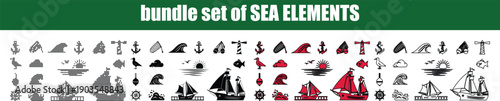 Silhouette, line art, outline, dot, dotted Collection of nautical and seathemed icons and graphic elements including boats lighthouses fish and anchors