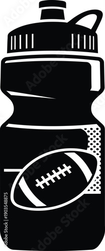 A black water bottle with a football design on it for athletes.
