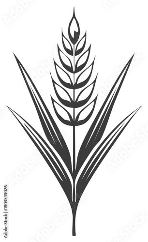Stylized wheat stalk illustration with grains and leaves in gray tones