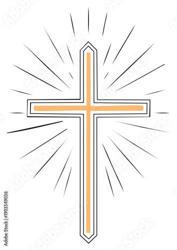 Hand drawn Christian cross symbol with glowing light rays representing faith, hope, and salvation