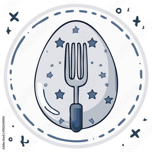 Whimsical cartoon illustration of an Easter egg with a fork superimposed and scattered stars inside a decorative circle