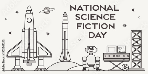 Various space exploration and science fiction elements, including a space shuttle, a rocket, a robot, a control panel, and a launch tower, are depicted in a detailed black and white outline.