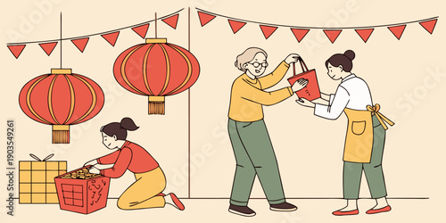 People prepare for a festive celebration, with two women exchanging a gift bag and another arranging items near large red lanterns and decorative bunting.
