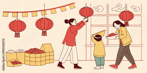 Family members are diligently preparing for a festive celebration, hanging traditional red lanterns and arranging bowls of red fruits or treats.