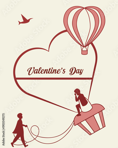Romantic concept illustration of love and affection featuring a heart-shaped hot air balloon ride